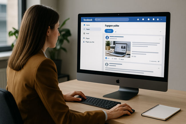 Facebookseiten verwalten: Frau sitzt an einem Schreibtisch und betrachtet ihre Facebook-Timeline auf einem großen Monitor im Büro. Bild: ChatGPT (Bild mit KI generiert)