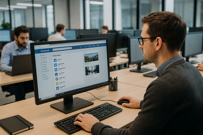 Facebookseiten verwalten: Mitarbeiter in einem Großraumbüro nutzt Facebook auf seinem Monitor. Bild: ChatGPT (Bild mit KI generiert)