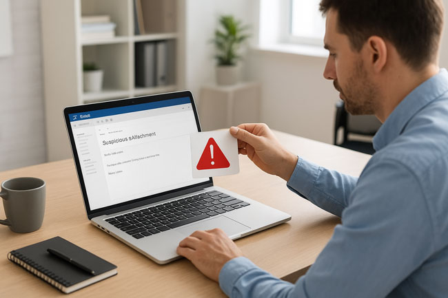 Makro: Mitarbeitender öffnet E-Mail mit verdächtigem Anhang. Bild: ChatGPT (Bild erstellt mit KI)