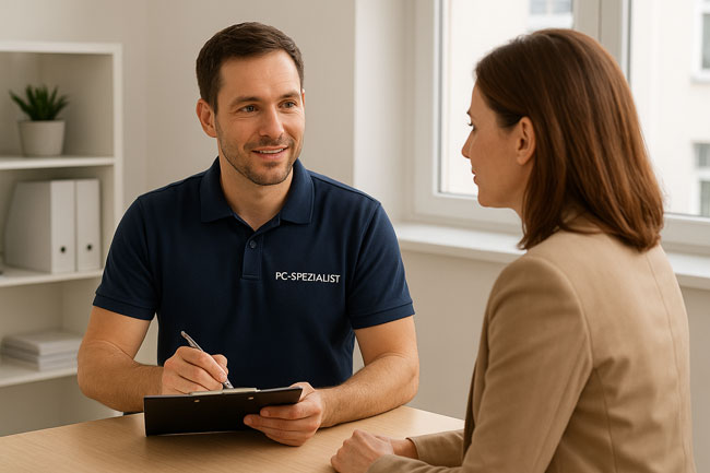 IT-Experte im Beratungsgespräch mit Unternehmerin. Bild: ChatGPT (Bild erstellt mit KI)