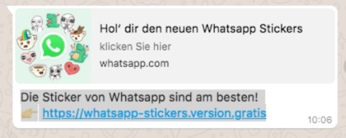 Abgebildet ist der Screenshot eines WhatApp-Kettenbriefs, der WhatsApp-Sticker verspricht. Foto: Screenshot