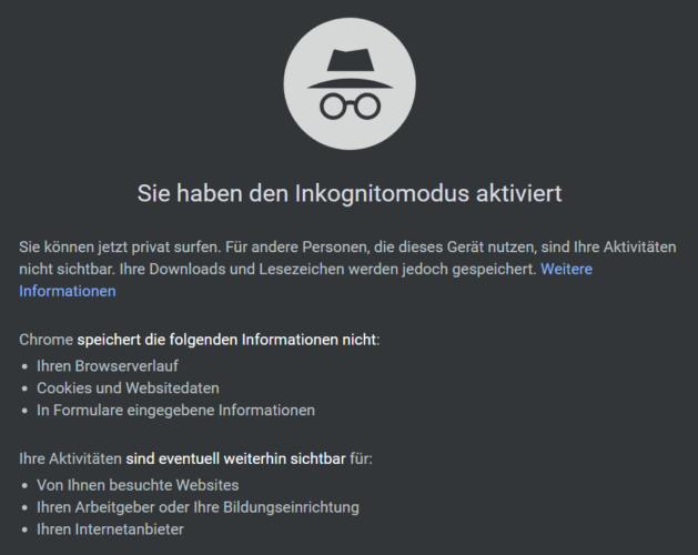 Der Screenshot zeigt die Startseite des Inkognito-Modus.