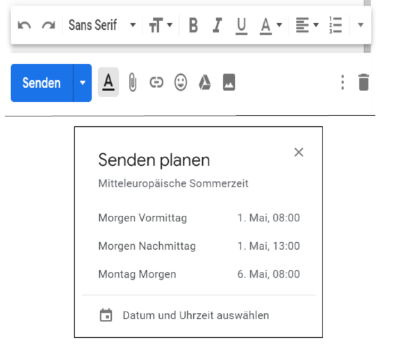 Die Screenshots zeigen, wie ihr planen könnt, ob ihr eine E-Mail zeitversetzt senden könnt. 