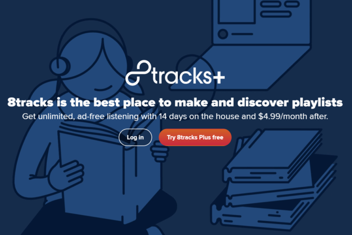 Screenshot der Homepage 8tracks+, die ebenfalls Sounds für Musik am Arbeitsplatz bietet. Bild: Screenshot