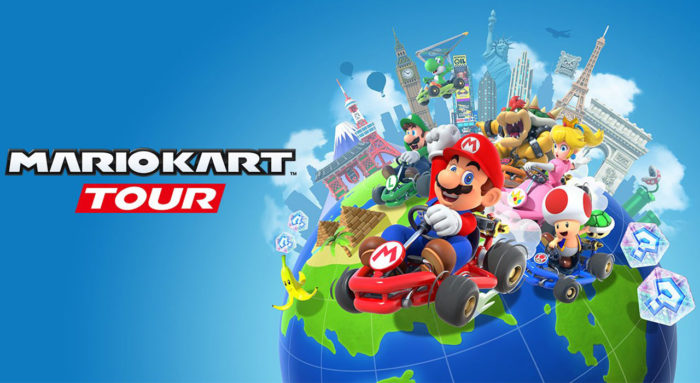 Zu sehen ist eine Grafik zu Mario Kart Tour von Nintendo mit einer Weltkugel und darauf Nintendo-Figuren mit ihren Karts. Bild: Nintendo