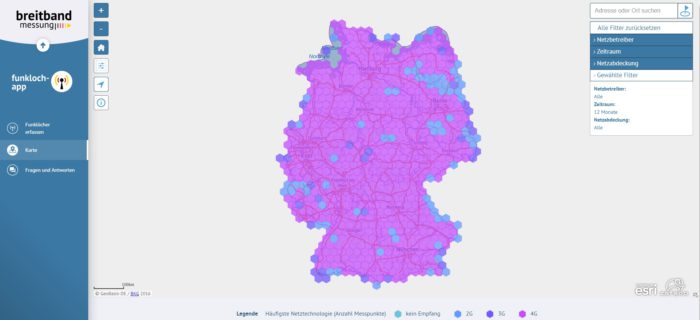 Screenshot der Netzabdeckungs-Karte, basierend auf Daten der Funkloch-App. Bild: Screenshot Breitbandmessung