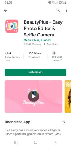 Screenshot aus dem Google Play Store. Die Beauty App steht in der Kritik, weil sie Nutzer ausspioniert. Bild: Screenshot Google Play Store