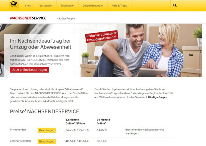 Screenshot der Website Deutsche Post mit dem Service es Post nachsenden. Bild: Screenshot