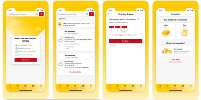 Screenshot Play Store mit Display-Darstellungen der DHL-App.