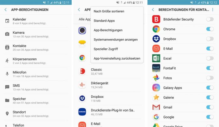 Screenshots von Handy-Display, Einstellungen, App-Berechtigungen. Bild: Screenshots/Montage PC-SPEZIALIST