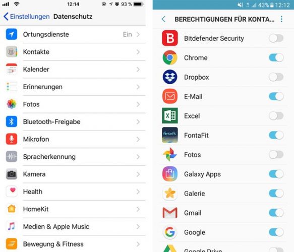 Screenshots von Handy-Display, Einstellungen, App-Berechtigungen. Bild: Screenshots/Montage PC-SPEZIALIST