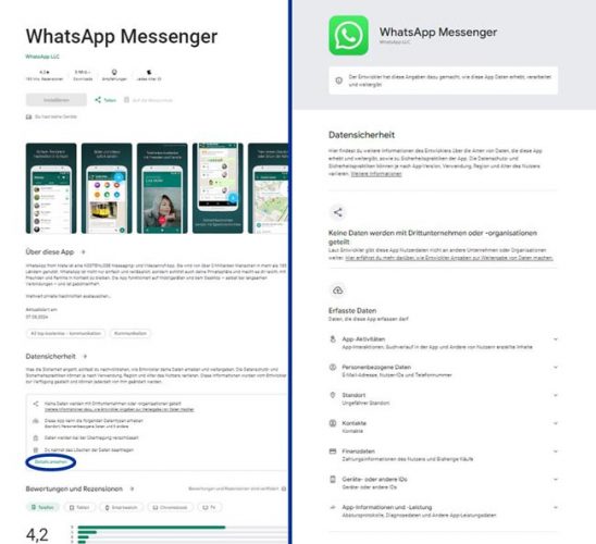 WhatsApp im Google Play Store, erforderlicheBerechtigungen der App. Bild: Screenshots Google Play Store/Montage PC-SPEZIALIST