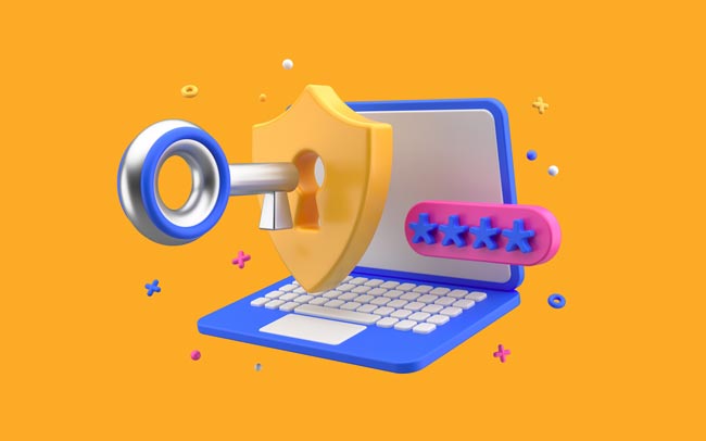 PDF verschlüsseln: Grafische Darstellung eines Laptops mit Schloss, Schlüssel und Pincode-Abfrage. Bild: stock.adobe.com/origami88 (https://stock.adobe.com/de/images/firewall-digital-protection-shield-password-concept-with-laptop-key-for-authorization-identity-cyber-secure-notebook-on-yellow-background-3d-rendering/532749665?asset_id=532749665)