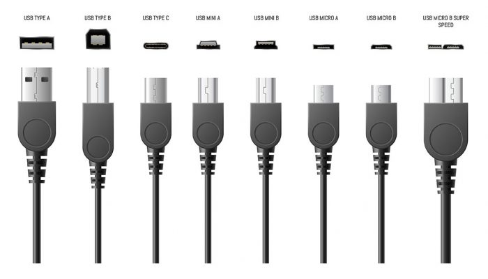 USB-Steckertypen nebeneinander. Bild: stock.adobe.com/Iryna Petrenko/Montage PC-SPEZIALIST (https://stock.adobe.com/de/images/usb-a-b-and-type-c-plugs-sockets-or-universal-computer-cable-connectors-3d-realistic/437983675)