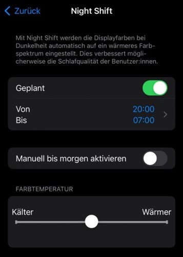 Nachtmodus: Night Shift beim iPhone, Screenshot © PC-SPEZIALIST