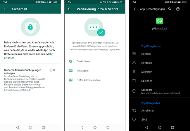 Ende-zu-Ende-Verschlüsselung, Verifizierung in zwei Schritten und Zugriffsberechtigungen lassen sich ebenfalls zum Schutz der Privatsphäre definieren. Bild: Screenshots/Montage PC-SPEZIALIST