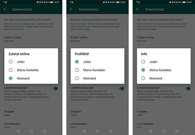 Zu sehen sind mehrere Screenshots aus den Einstellungen des WhatsApp-Datenschutz. Bild: Montage PC-SPEZIALIST