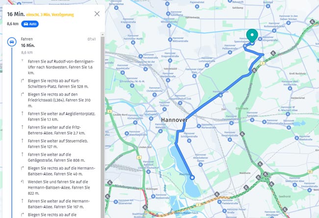 Dieselbe Route wie bei OpenStreetMap, aber eine andere Routenführung: HERE WeGo. Bild: Screenshot