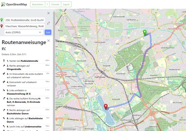 Screenshot OpenStreetMap - Routenplanung innerhalb Hannovers