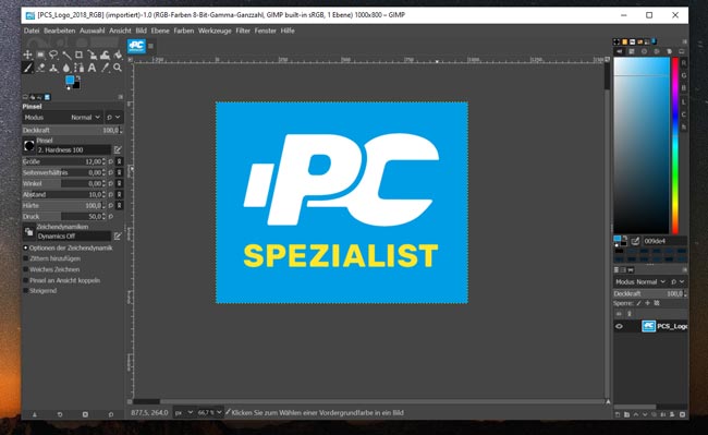 Screenshot von Gimp, PC-SPEZIALIST-Logo im Bearbeitungsfeld. Bild: Screenshot PC-SPEZIALIST