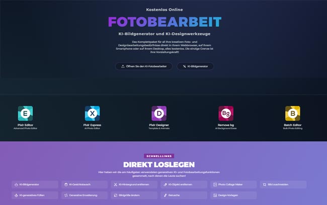 Screenshot der Photoshop-Alternative Pixlr. Bild: Screenshot Website Pixlr (https://pixlr.com/de/)