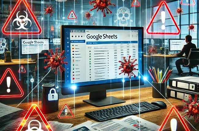 Voldemort | Schadsoftware | Cyberkriminalität: Ki-erstelltes Bild mit Bildschirm mit Google Sheets und Virensymbolen. Bild: ChatGPT/DALL-E
