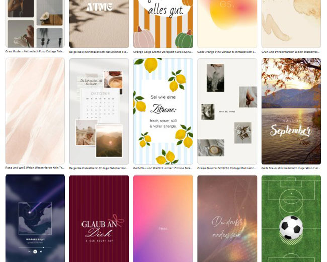 Bei Canva finden Sie unendlich viele Vorlagen, um ein individuelles Handyhintergrundbild zu erstellen. Bild: Screenshot Canva (https://www.canva.com/de_de/handy-hintergrundbilder/vorlagen/)