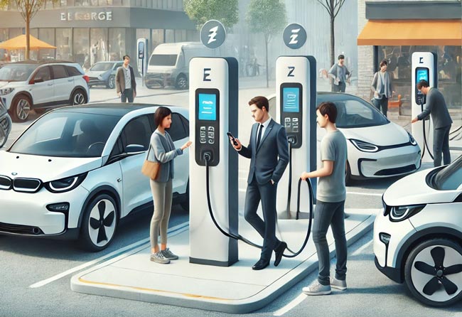 KI-Darstellung von zwei Ladestationen mit Autos und Personen. Bild: ChatGPT/Dall-E