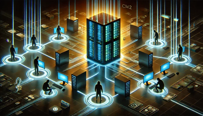 Ein zentrales Server-Rack, umgeben von vernetzten Personen-Silhouetten, die über leuchtende Datenleitungen miteinander verbunden sind. Bild: ChatGPT/Dall-E