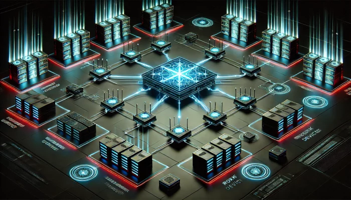 Ein schematisches Diagramm unterschiedlicher C2-Topologien: Ein zentraler Server in einer Sterntopologie, mehrere redundante Server in einer Multi-Server-Struktur und Proxy-Server in einer hierarchischen Architektur, ergänzt durch Symbole für C2-Infrastructure-as-a-Service. Bild: ChatGPT/Dall-E