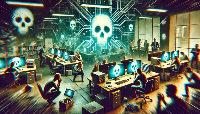 Ein Großraumbüro, in dem an vielen Computerbildschirmen auffällig leuchtende Totenkopf-Symbole erscheinen. Menschen wirken besorgt, beugen sich über Tastaturen oder hocken auf dem Boden. Im Hintergrund ist ein überdimensionales, digital anmutendes Totenkopf-Symbol in eine Matrix aus Datenleitungen eingebettet. Bild: ChatGPT/Dall-E