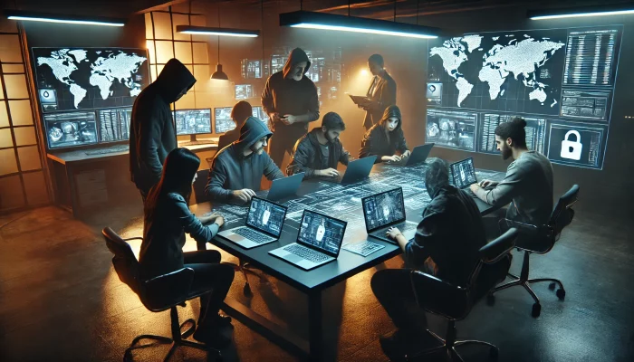 Mehrere, teils in Kapuzenpullis gekleidete Personen sitzen um einen Tisch und arbeiten konzentriert an Laptops. Auf großen Monitoren im Hintergrund sind Weltkarten und Datenströme zu sehen, die eine globale Vernetzung suggerieren. Bild: ChatGPT/Dall-E