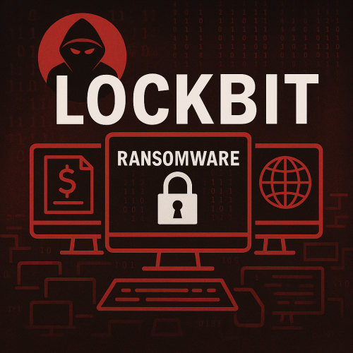 Illustration mit dem Schriftzug "LOCKBIT" vor einem roten Hintergrund mit Binärcode, einem düsteren Hacker mit Totenkopf-Symbol und digitalen Bildschirmen, die Lösegeldforderungen darstellen. Bild: ChatGPT