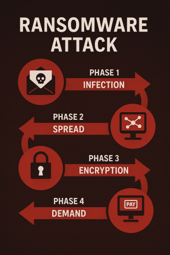 Schematische Grafik mit vier Phasen eines Ransomware-Angriffs: Infektion, Verbreitung, Verschlüsselung und Erpressung. Jede Phase ist durch rote Kreise mit weißen Symbolen und Texten verbunden, auf dunklem Hintergrund mit roten Akzenten. Bild: ChatGPT