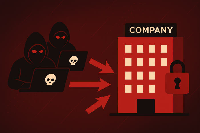 Zwei vermummte Angreifer mit Laptops, die rote Verbindungspfeile auf ein Unternehmensgebäude richten; dunkler, rot-schwarzer Hintergrund mit Symbolen für digitale Bedrohung wie Schloss und Totenkopf. Bild: ChatGPT