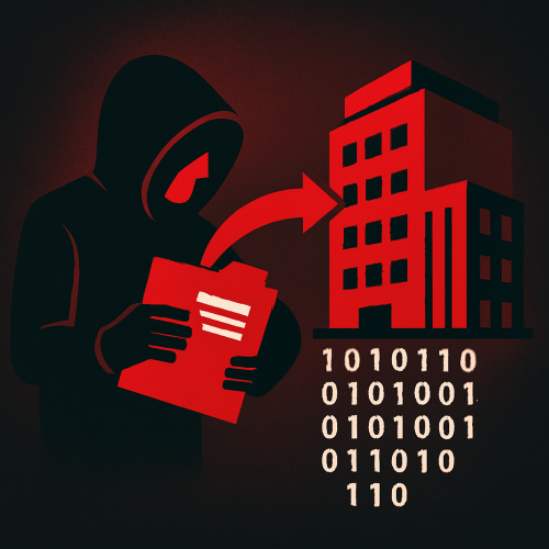 Flache Illustration in Schwarz, Rot und Grau: Eine vermummte Person trägt einen roten Ordner aus einem stilisierten Bürogebäude, im Hintergrund fließen Binärcodes als Symbol für digitale Daten. Bild: ChatGPT
