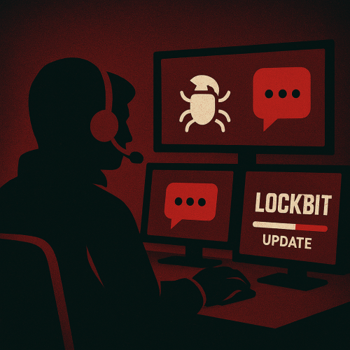 Stilisierte Szene: Eine dunkle Gestalt mit Headset sitzt vor mehreren Monitoren, die Symbole für Bugs, Support-Chat und ein Fortschrittsbalken mit „LOCKBIT“ anzeigen; Hintergrund in dunklem Rot-Schwarz gehalten. Bild: ChatGPT