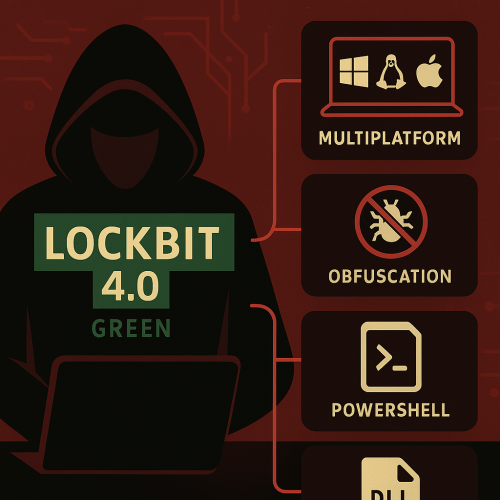 Digitale Flat-Illustration mit dunklem Hintergrund: Eine vermummte Gestalt vor Symbolen für PowerShell, Multiplattform-Support, Obfuskation und DLL-Injektion – in kontrastreichen Farben Grün und Rot dargestellt. Bild: ChatGPT