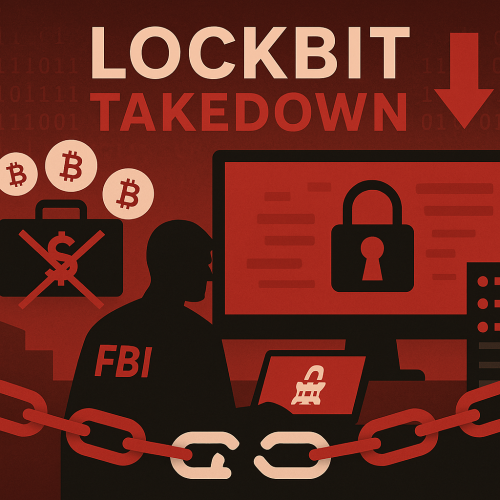 Illustration in Rot, Schwarz und Weiß mit dem Schriftzug „LOCKBIT TAKEDOWN“, einem abgeschalteten Server, einem eingefrorenen Aktenkoffer mit Währungssymbol und einer Agenten-Silhouette als Symbol für die internationale Strafverfolgung. Bild: ChatGPT