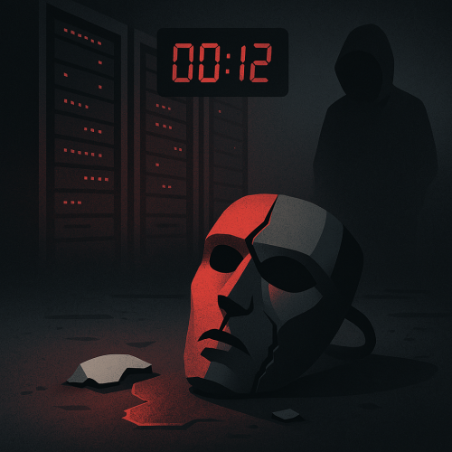 Digitale Illustration in dunklen Farben: Eine zerbrochene weiße Maske liegt vor rot beleuchteten Servern, im Hintergrund eine schemenhafte Figur mit Kapuze; eine digitale Countdown-Uhr leuchtet schwach im Schatten. Bild: ChatGPT