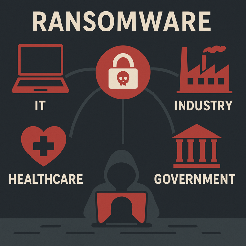 Flat-Design-Grafik auf dunklem Hintergrund: Vier rote Branchensymbole (IT, Industrie, Gesundheit, Verwaltung) sind mit Linien zu einem zentralen Symbol aus Vorhängeschloss und Totenkopf verbunden. Bild: ChatGPT