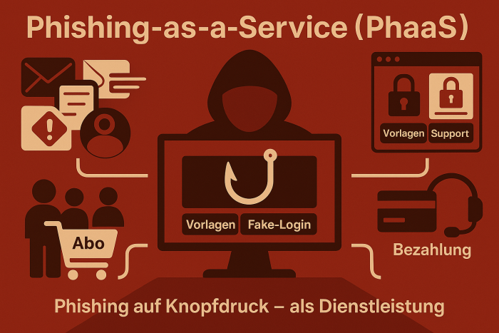 Schematische Infografik über das Geschäftsmodell „Phishing-as-a-Service (PhaaS)“ mit zentralem Hacker-Symbol und verschiedenen Servicebausteinen wie Fake-Webseiten, Vorlagen, Support und Bezahldiensten. Bild: ChatGPT