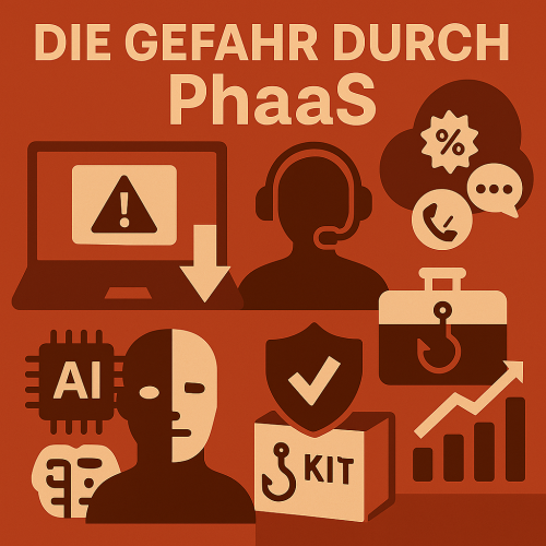 Schematische Infografik über die Gefahren von PhaaS mit Symbolen für KI, Deepfakes, Community-Support und Phishing-Kits, dargestellt in einem warnenden, rot-orangefarbenen Design. Bild: ChatGPT