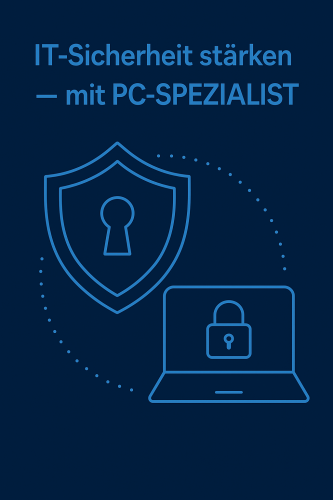 Grafik mit dem Schriftzug IT-Sicherheit stärken – mit PC-SPEZIALIST, darunter ein Schildsymbol mit Schlüsselloch und ein Laptop mit Vorhängeschloss, dargestellt in hellblauen Linien auf dunkelblauem Hintergrund. Bild: ChatGPT