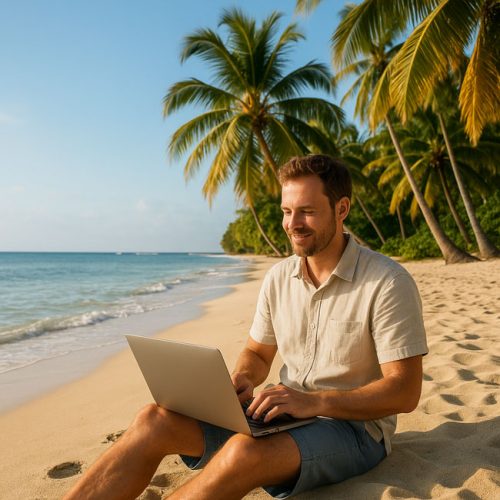 Arbeiten im Urlaub. Bild: ChatGPT (Bild erstellt mit KI)