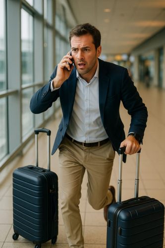 Arbeitsstress bei der Abreise. Bild: ChatGPT (Bild erstellt mit KI)