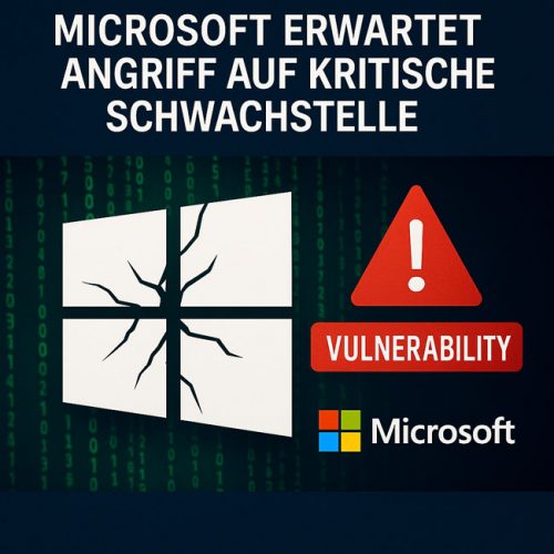 Warnung vor kritischer Microsoft-Sicherheitslücke mit kaputtem Windows-Logo und rotem Gefahrenzeichen. Bild: ChatGPT (mit KI generiert)