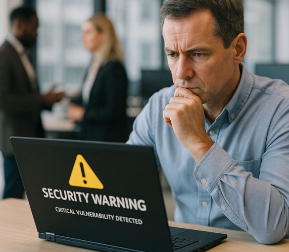 Mann prüft am Laptop eine Sicherheitswarnung im Büro. Bild: ChatGPT (Bild mit KI erstellt)