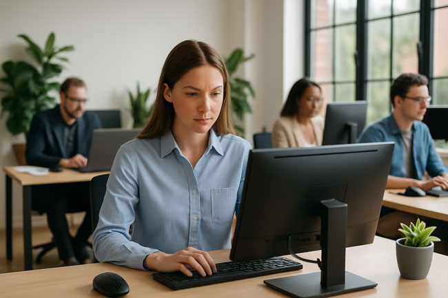 Helles Büro mit mehreren Personen an ihren Arbeitsplätzen und Computern. Bild: ChatGPT (Bild mit KI erstellt)