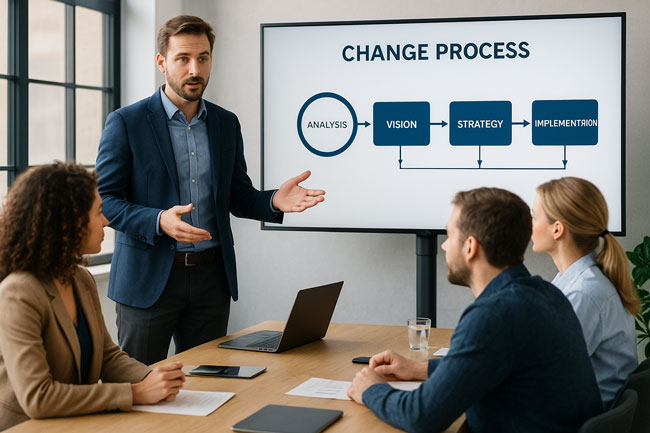 Change Management | Mitarbeiter im Besprechungsraum. Bild: ChatGPT (Bild erstellt mit KI)